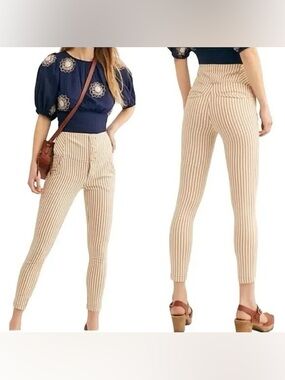 Free People Frankie High Waist Striped Skinny Pant Tan Womens Size 12